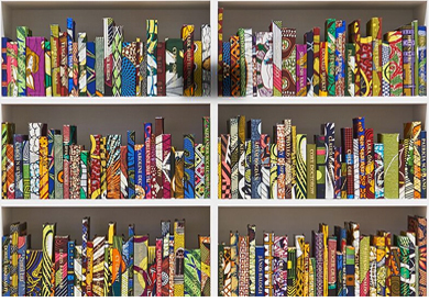 Bookshleves filled with very colorful books