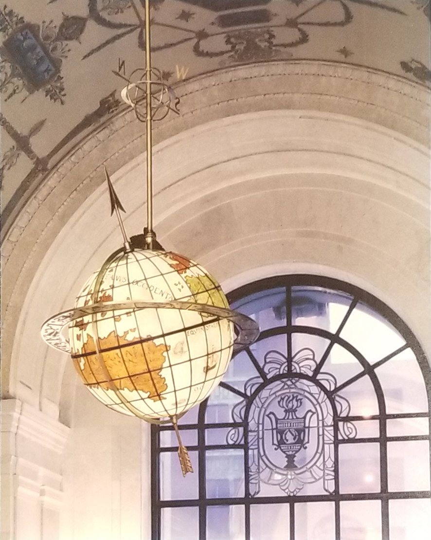 Terrestrial Globe hanging from the ceiling above the entrance to Main Library.