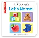 Let's Name jacket cover with multicolored squares containing blocks, an apple, a teddy bear, and a pair of rain boots.